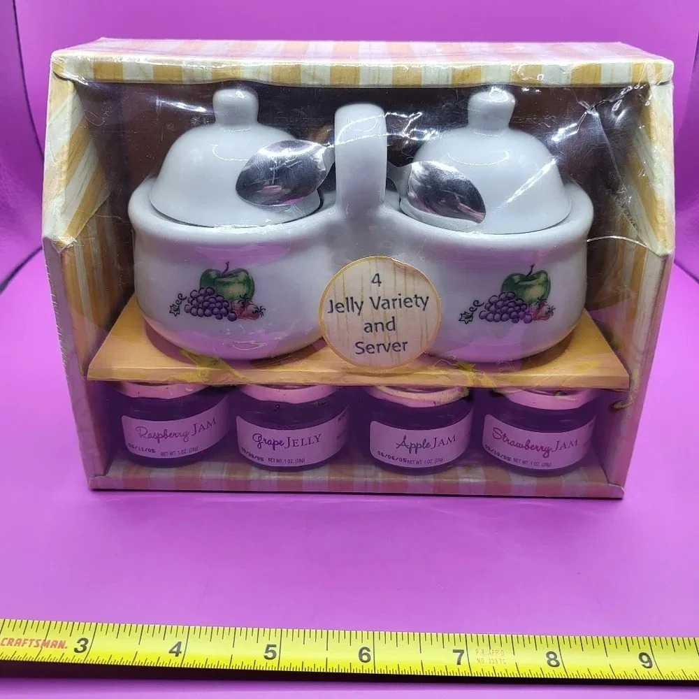 Sealed Vintage Houston Harvest Ceramic Dual Jam Jelly Server Set Spoons 2005